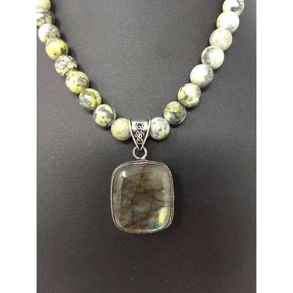 Shades of Green Serpentine Necklace and Earrings Focal Sterling Silver Pendant